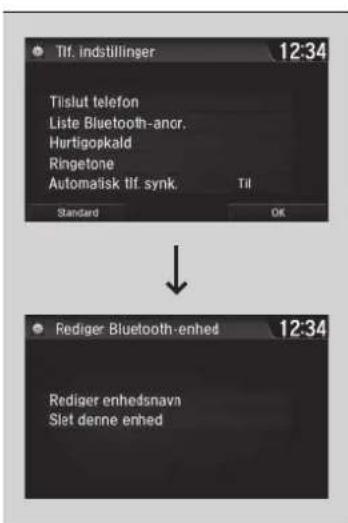 Tilf. indstillinger 12:34 Tislut telefon Liste Bluetooth-ancr. Hurtigopkald Ringtone Automatisk tif. synk. Til Standard OK Rediger Bluetooth-enhed 12:34 Rediger enhedsnavn Slet denne enhed