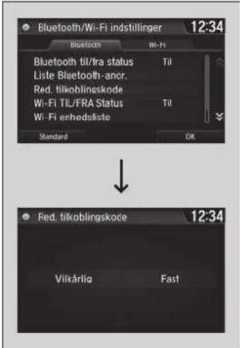Bluetooth/Wi-Fi indstillinger 12:34 Bluetooth Wi-Fi Bluetooth til/fra status Til Liste Bluetooth-ancr. Red. tilkoblingskode Wi-Fi TIL/FRA Status Til Wi-Fi enhedsliste Standard OK Red, tilkoblingskode 12:34 Vilkärlig Fast
