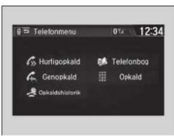 Telefonmenu 12:34 Hurtigopkald Genopkald Opkaldshizionik Telefonbog Opkald