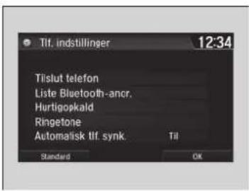 Til. indstillinger 12:34 Tislut telefon Liste Bluetooth-ancr. Hurtigopkald Ringtone Automalisk tif. synk. Til Standard OK