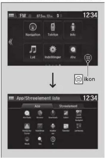 FM 87.5mm 12:34 Navigation Telefon Info Lyd Indstillinger Aha ikon App/Styreelement liste 12:34 App Styreelement Abra##s Bra##m Dy#r##ch C##m G###### S##### H#### I#### J#### K#### L####