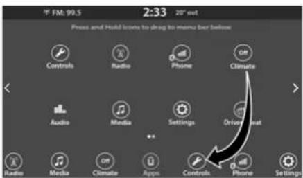 FM: 99.5 2:33 20° out Press and Hold notes to drag to menu bar below Controls Radio Phone Climate Audio Media Settings Driver Heat Radio Media Climate Apps Controls Phone Settings