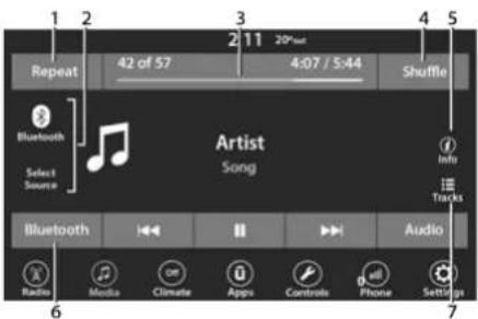 1 2 3 4 5 Repeat 42 of 57 211 20nd 4:07 / 5:44 Shuffle Bluetooth Artist Song Select Source Info Track Audio Bluetooth Radio Audio Media Climate Apps Controls Call Phone Settings