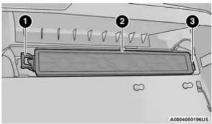 Diagram of a vehicle rearview panel with numbered components and a license plate, likely for safety or navigation instructions.