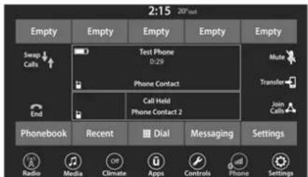 2:15 20%ed Empty Empty Empty Empty Empty Swap Calls Test Phone 0:29 Phone Contact Transfer Call Held Phone Contact 2 Join Calls Phonebook Recent Dial Messaging Settings Radio Media Climate Apps Controls Phone Settings