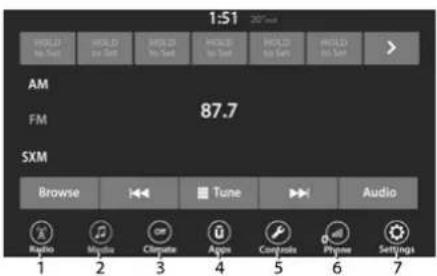 1:51 207 ms PROLED to Set PROLED to Set PROLED to Set PROLED to Set PROLED to Set AM FM 87.7 SXM Browse Tune Audio Radio Myrista Chrysler Apps Compaie Plyane Settings 1 2 3 4 5 6 7