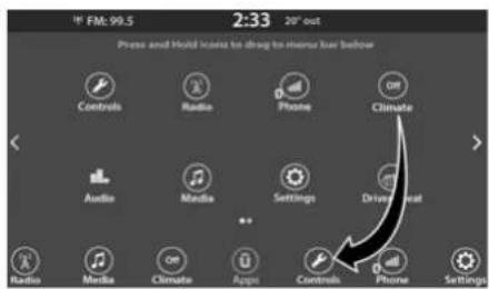 FM: 99.5 2:33 20° out Press and Hold scores to drag to menu bar below Controls Radio Phone Climate Audio Media Settings Driver set Radio Media Climate Apps Controls Phone Settings