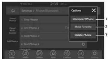 Settings > Phone Bluetooth Pooled Phone 1. Test Phone 2. Test Phone 2 3. Test Phone 3 4. Test Phone 4 Add Device Options Disconnect Phone Make Favorite Delete Phone