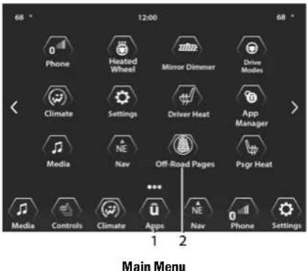 68 ° 12:00 68 ° Phone Heated Wheel Mirror Dimmer Driver Modes Climate Settings Driver Heat App Manager Media Nav Off-Road Pages Psgr Heat Media Controls Climate Apps Nav Phone Settings 1 2 Main Menu