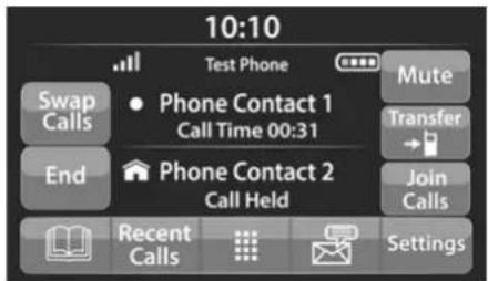 10:10 Test Phone Swap Calls Phone Contact 1 Call Time 00:31 End Phone Contact 2 Call Held Mute Transfer Join Calls Recent Calls Settings