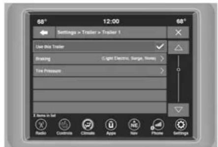 68° 12:00 68° Settings > Trailer > Trailer 1 Use this Trailer Braking Light Electric, Surge, None > Tire Pressure 3 items in lat Radio Concrete Concrete Apple New Phone Settings