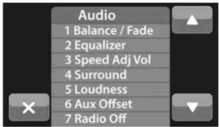 Audio 1 Balance / Fade 2 Equalizer 3 Speed Adj Vol 4 Surround 5 Loudness 6 Aux Offset 7 Radio Off