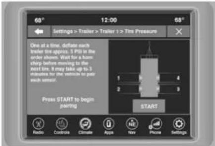 60° 12:00 65° Settings > Trailer > Trailer 1 > Tire Pressure One at a time, deflate each trailer tire apoyee. 5 Pcs in the order shown. Wait for a horn ship before moving to the next tire. It may take up to 3 minutes for the vehicle to pair each session. Press START to begin pairing START Radio Controls Climate Again Raw Phone Settings