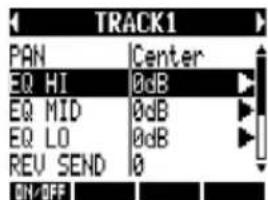 TRACK1 PAN Center EQ HI 0dB EQ MID 0dB EQ LO 0dB REV SEND 0 ON/OFF