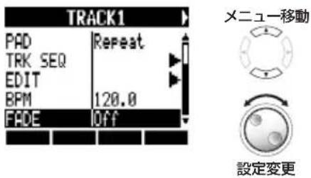 TRACK1 PAD Repeat TRK SEQ EDIT 120.0 BPM FADE Off メニュー移動 設定変更