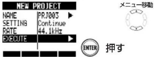 NEW PROJECT NAME PRJ003 ▶ SETTING Continue RATE 44.1kHz EXECUTE ▶ ENTER 援す