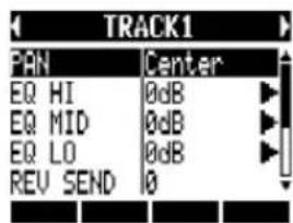 TRACK1 PAN Center EQ HI 0dB EQ MID 0dB EQ LO 0dB REV SEND 0