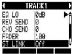 TRACK1 EQ LO 0dB REV SEND 0 CHO SEND 0 FADER 100 ST LINK Off