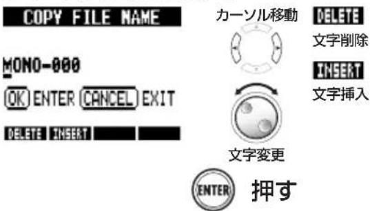 COPY FILE NAME MONO-000 OK ENTER CANCEL EXIT DELETE INSERT カーソル移動 DELETE 文字削除 INSERT 文字插入 文字変更 ENTER 押す