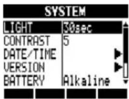 SYSTEM LIGHT 30sec CONTRAST 5 DATE/TIME VERSION BATTERY Alkaline