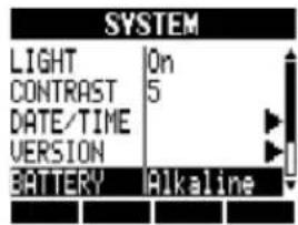SYSTEM LIGHT On CONTRAST 5 DATE/TIME VERSION BATTERY Alkaline