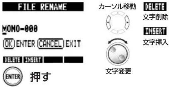 FILE RENAME MONO-000 OK ENTER CANCEL EXIT DELETE INSERT ENTER 押す カーソル移動 DELETE 文字削除 INSERT 文字挿入 文字変更