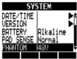 SYSTEM DATE/TIME VERSION BATTERY PAD SENSE PHANTOM Alkaline Normal 43U