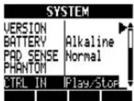 SYSTEM VERSION BATTERY PAD SENSE PHANTOM CTRL IN Alkaline Normal Play/Stop