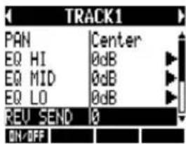 TRACK1 PAN Center EQ HI 0dB EQ MID 0dB EQ LO 0dB REV_SEND 0 ON/OFF