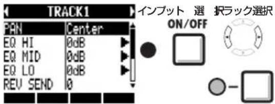 TRACK1 PAN Center EQ HI 0dB EQ MID 0dB EQ LO 0dB REV SEND 0 インプット 選 扼ラック選択 ON/OFF -