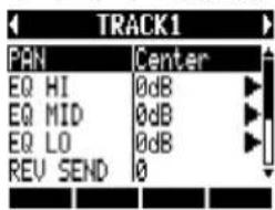 TRACK1 PAN Center EQ HI 0dB EQ MID 0dB EQ LO 0dB REV SEND 0