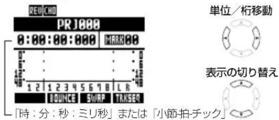 REV:CHO PRJ000 0:00:00:000 MARK 80 0° 6° 12° 48° 1 2 1 2 3 4 5 6 7 8 L R BOUNCE SWAP TRXSEQ 「時:分:秒:ミリ秒」または「小節-拍-チック」 単位/桁移動 表示の切り替え