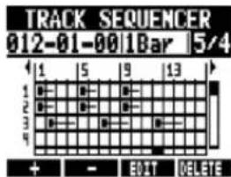 TRACK SEQUENCER 012-01-001Bar 5/4 1 5 9 13 1 2 3 4 + - EDIT DELETE
