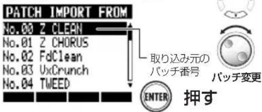 PATCH IMPORT FROM No.00 Z CLEAN No.01 Z CHORUS No.02 FdClean No.03 UxCrunch No.04 TWEED 取り込み元の パッチ番号 パッチ変更 ENTER 押す