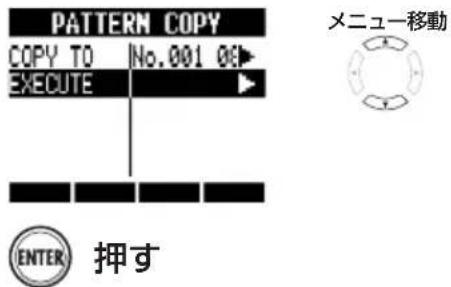PATTERN COPY COPY TO No.001 0% EXECUTE ENTER 押す メニュー移動