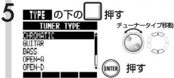 5 TYPE の下の □ 押す TUNER TYPE CHROMATIC GUITAR BASS OPEN-A OPEN-D チューナータイプ移動 ENTER 押す