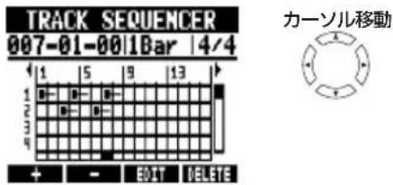 TRACK SEQUENCER 007-01-001Bar | 4/4 1 5 9 13 カーソル移動 + - EDIT DELETE