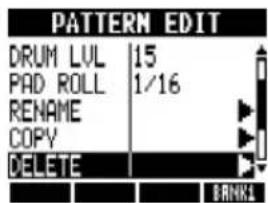 PATTERN EDIT DRUM LUL 15 PAD ROLL 1/16 RENAME COPY DELETE BANK1