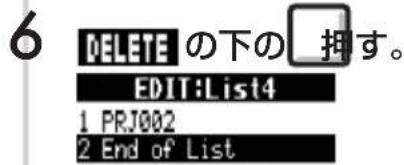 6 DELETE の下の 押す。 EDIT:List4 1 PRJ002 2 End of List