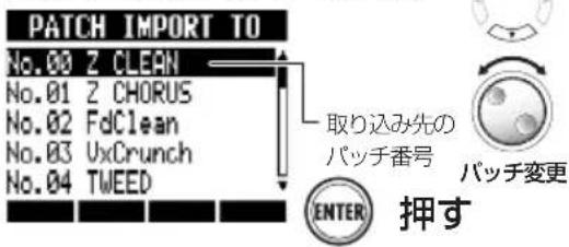 PATCH IMPORT TO No.00 Z CLEAN No.01 Z CHORUS No.02 FdClean No.03 UxCrunch No.04 TWEED 取り込み先の パッチ番号 パッチ変更 ENTER 押す