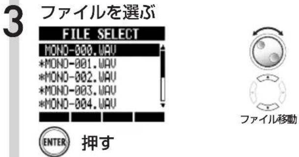 3 ファイルを選ぶ FILE SELECT MOND-000.WAV *MOND-001.WAV *MOND-002.WAV *MOND-003.WAV *MOND-004.WAV ENTER 押す ファイル移動
