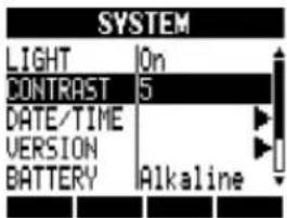 SYSTEM LIGHT On CONTRAST 5 DATE/TIME VERSION BATTERY Alkaline