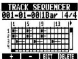 TRACK SEQUENCER 001-01-00 | 1Bar | 4/4 1 | 5 | 9 | 13 | 1 2 3 4 + - EDIT DELETE
