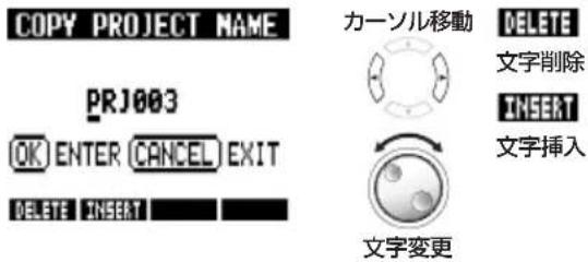 COPY PROJECT NAME PRJ003 OK ENTER CANCEL EXIT DELETE INSERT カーソル移動 DELETE 文字削除 INSERT 文字插入 文字変更