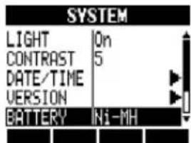 SYSTEM LIGHT On CONTRAST 5 DATE/TIME VERSION BATTERY Ni-MH