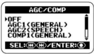 AGC/COMP OFF AGC1(GENERAL) AGC2(SPEECH) COMP1(GENERAL) SEL:①②/ENTER:③