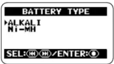 BATTERY TYPE ►ALKALI Ni-MH SEL:①②/ENTER:③