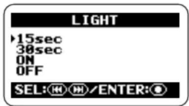 LIGHT ►15sec 30sec ON OFF SEL: M/M/ENTER: O