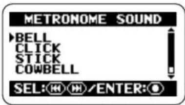 METRONOME SOUND ►BELL CLICK STICK COWBELL SEL: H/M/ENTER: O