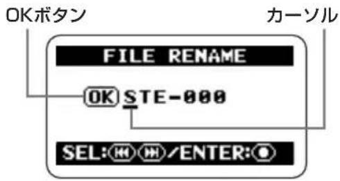 OKボタン FILE RENAME OK STE-000 SEL: ○○○/ENTER: ○ カーソル